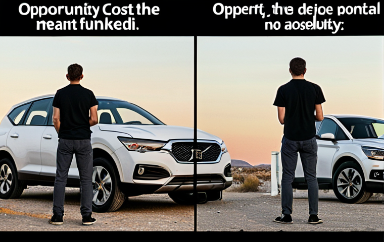 **
A split-screen. On one side, a person is happily attending a concert. On the other side, the same person looks regretful, standing near a broken-down car. Text overlay: "Opportunity Cost: Choosing the concert meant potential car repairs went unfunded."
**