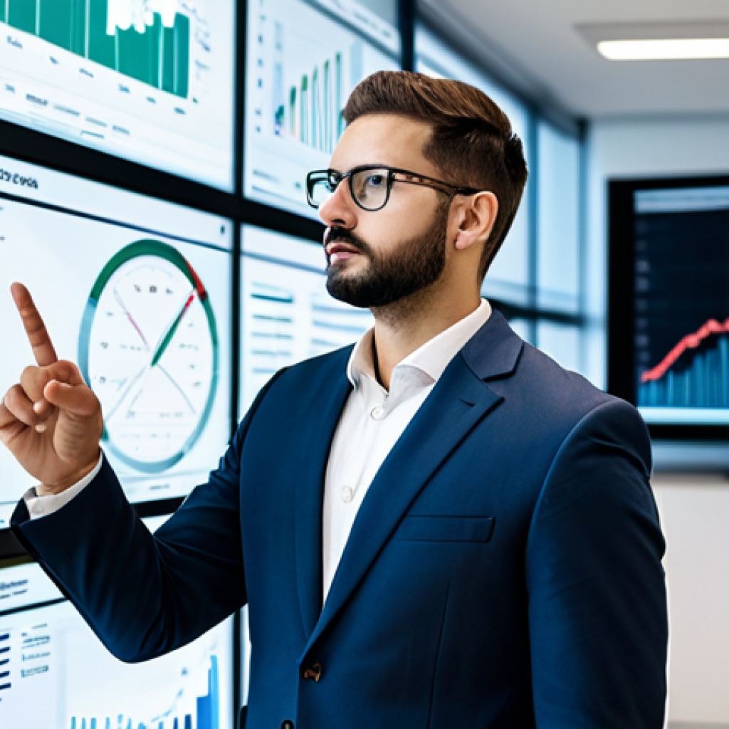 A focused professional business strategist, fully clothed in a modest, sharp business suit, stands in a sleek, modern office. They are engaged with a large, transparent digital screen displaying complex data visualizations, financial charts, and market trend graphs. One hand gestures towards a specific data point, indicating deep analysis and strategic decision-making. The background shows blurred corporate activity, suggesting a dynamic work environment. Perfect anatomy, correct proportions, natural pose, well-formed hands, proper finger count, professional studio lighting, high detail, sharp focus, clean aesthetic, safe for work, appropriate content, fully clothed, professional.