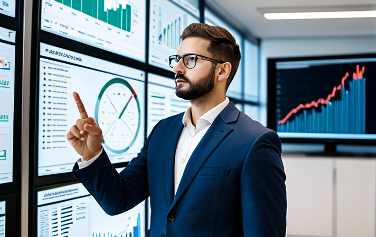A focused professional business strategist, fully clothed in a modest, sharp business suit, stands in a sleek, modern office. They are engaged with a large, transparent digital screen displaying complex data visualizations, financial charts, and market trend graphs. One hand gestures towards a specific data point, indicating deep analysis and strategic decision-making. The background shows blurred corporate activity, suggesting a dynamic work environment. Perfect anatomy, correct proportions, natural pose, well-formed hands, proper finger count, professional studio lighting, high detail, sharp focus, clean aesthetic, safe for work, appropriate content, fully clothed, professional.