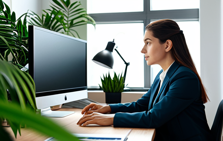 **
A modern office setting with a businesswoman in a tailored, modest business suit sitting at a clean, organized desk. She is working on a Notion interface displayed on a large monitor, surrounded by plants and minimal decor. The scene emphasizes productivity and focus, with soft, natural lighting. Safe for work, appropriate content, fully clothed, professional, perfect anatomy, natural proportions, high quality.
**