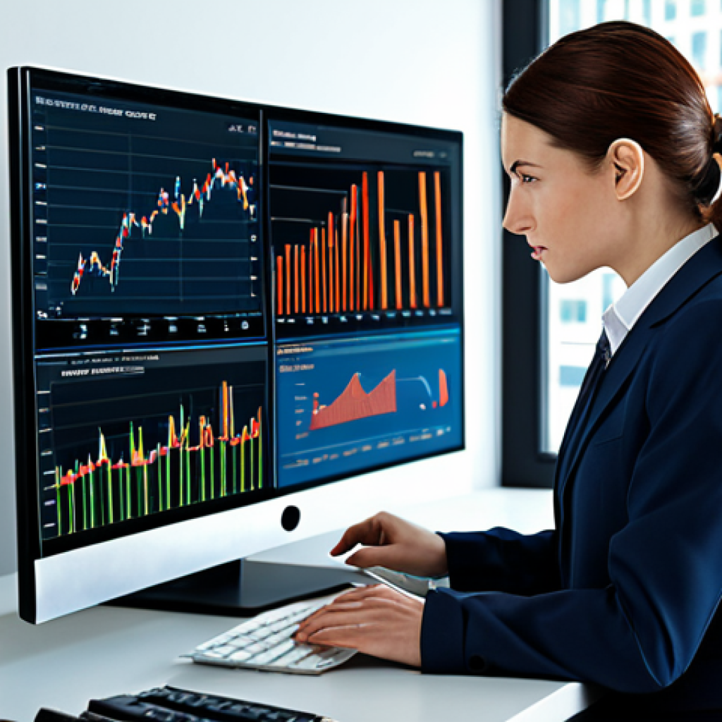 사업 모델 개발 - "A businesswoman in a modest, professional business suit analyzing market data on a computer screen ...