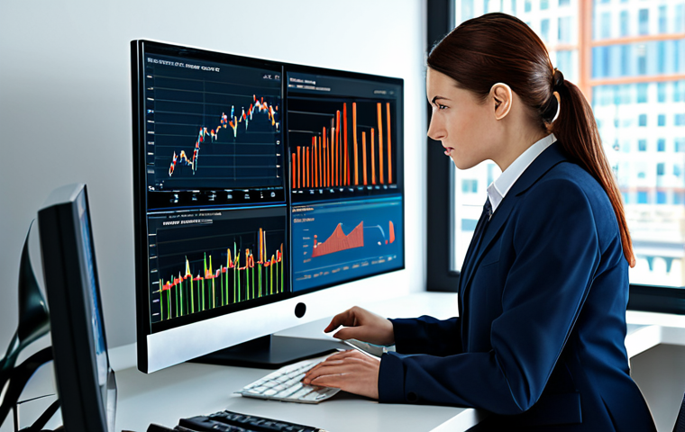 사업 모델 개발 - "A businesswoman in a modest, professional business suit analyzing market data on a computer screen ...