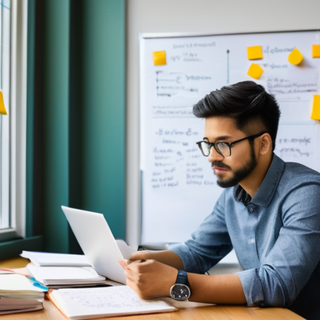 경영학 학술 논문 작성법 - **Prompt:** A young, focused graduate student, appearing to be in their late 20s or early 30s, sits ...