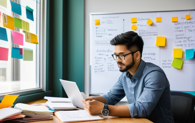 경영학 학술 논문 작성법 - **Prompt:** A young, focused graduate student, appearing to be in their late 20s or early 30s, sits ...