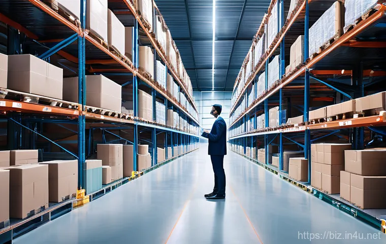 운영 비용 절감 - **Smart Inventory Management and Cost Savings:**
    A vibrant, futuristic warehouse interior. Autom...