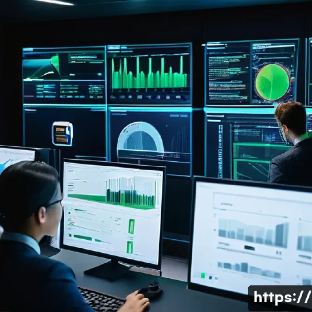 IT 프로젝트 관리 - A high-tech, brightly lit IT project control room, showcasing a diverse team of male and female IT p...