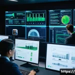 IT 프로젝트 관리 - A high-tech, brightly lit IT project control room, showcasing a diverse team of male and female IT p...