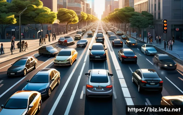 게임 이론 - **Prompt:** A bustling morning rush hour scene at a city intersection, depicting numerous cars and c...